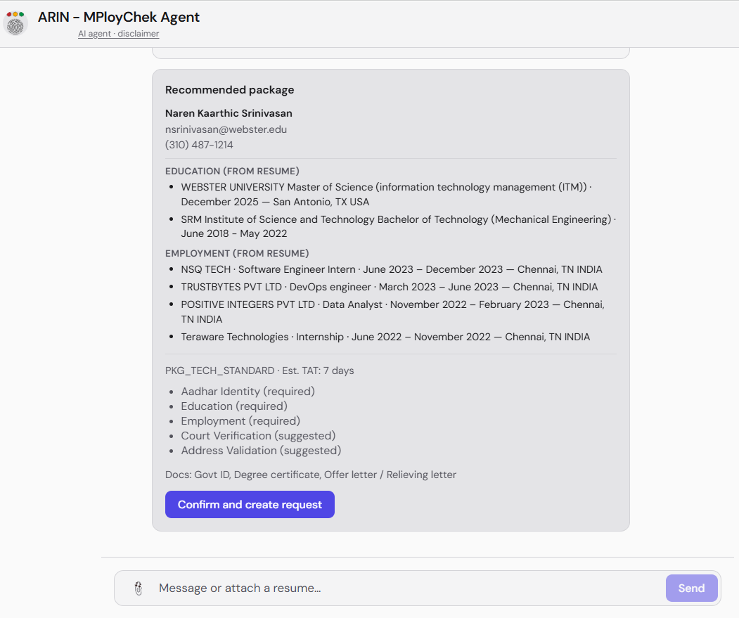 ARIN – MPloyChek Agent screen 2